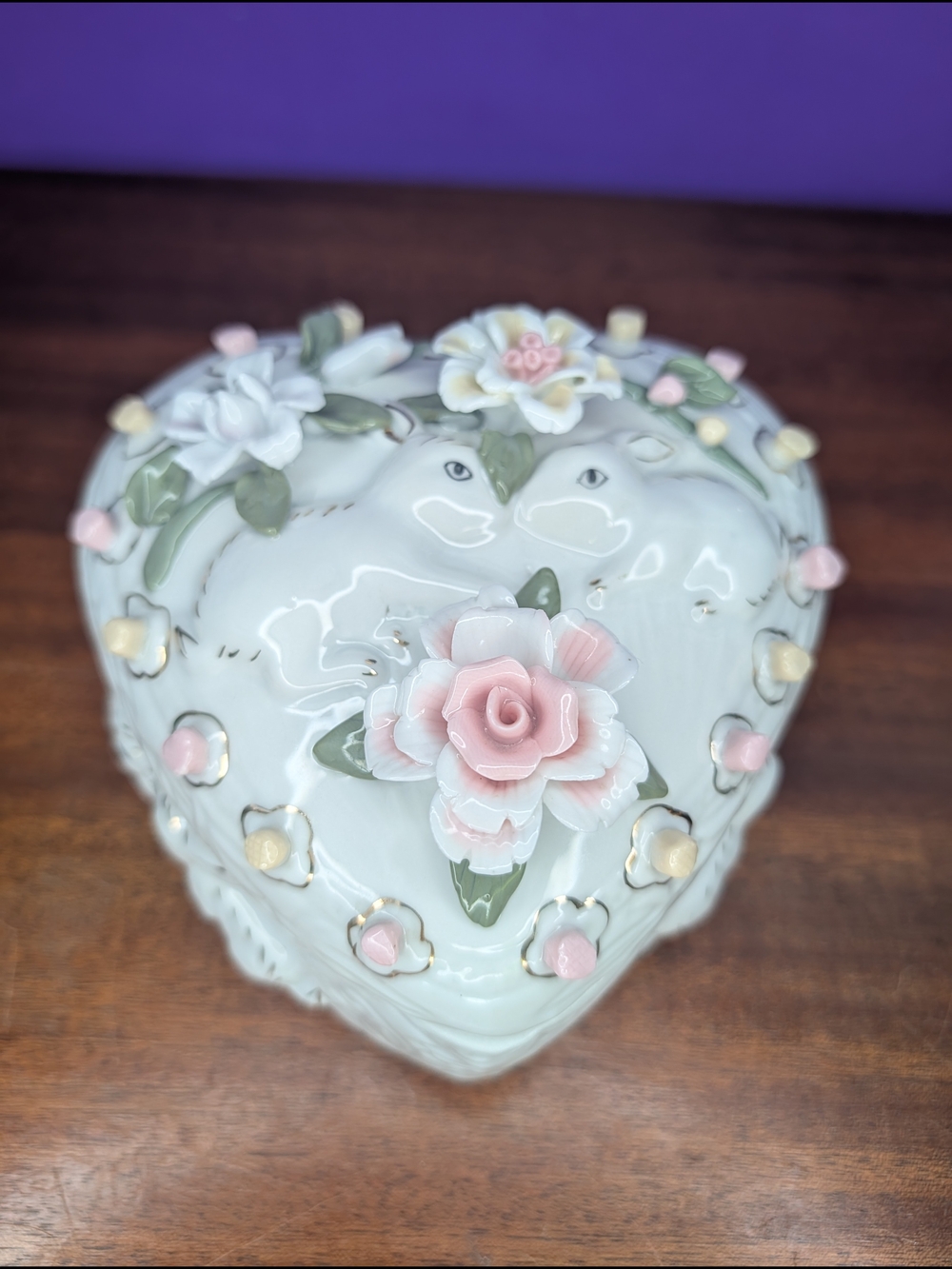 Vintage Lefton China Heart Shaped Trinket Box 3D Applied Roses Ceramic Lovebirds